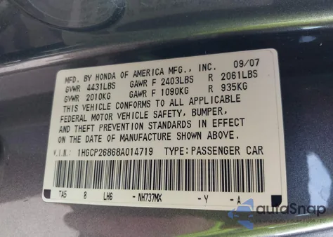 2008 Honda Accord 2.4 Ex-L from USA, damaged, VIN 1HGCP26868A014719